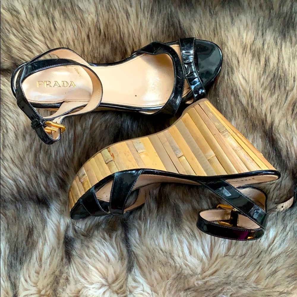 Prada Black Patent Leather Wedges